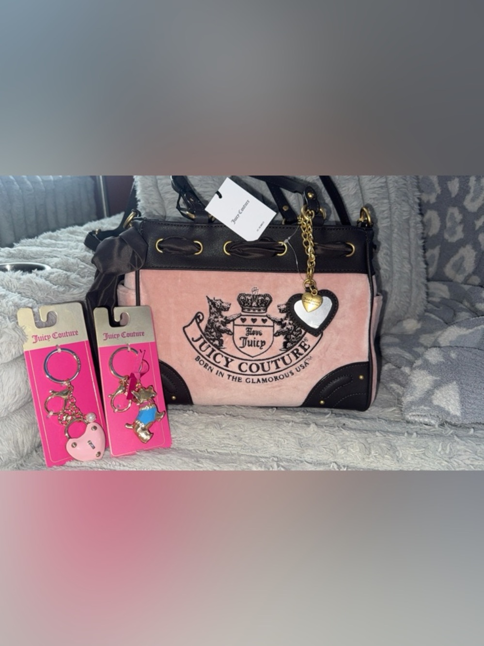 Juicy Couture Heritage Core Daydreamer Tote Blush & Chocolate w/2 keychains BNWT